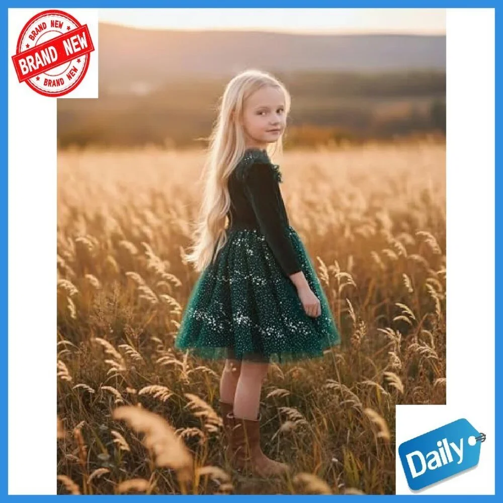 Velvet Tulle Sequin Tutu Dress Long Sleeve A-Line Kids Holiday Party